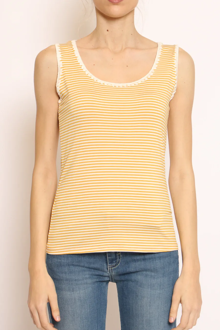 Zeroassoluto Top righe fine con passamaneria bianco/senape- T-Shirts E Top