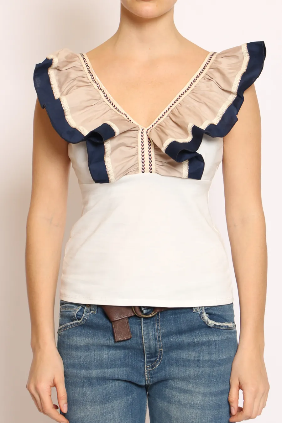 Have one Top scollo a V con volant bianco/beige/blu- T-Shirts E Top