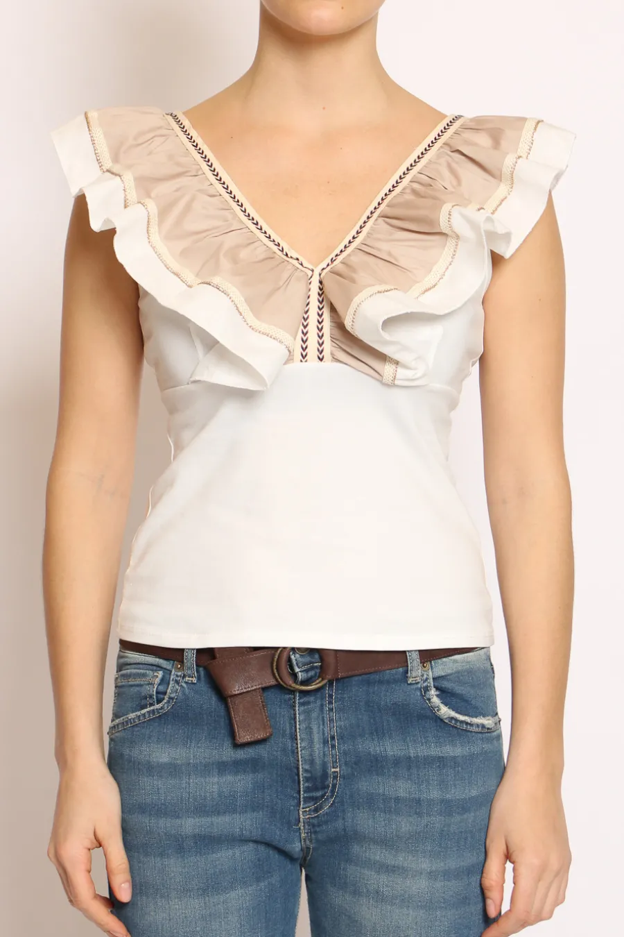 Have one Top scollo a V con volant bianco/beige/bianco- T-Shirts E Top