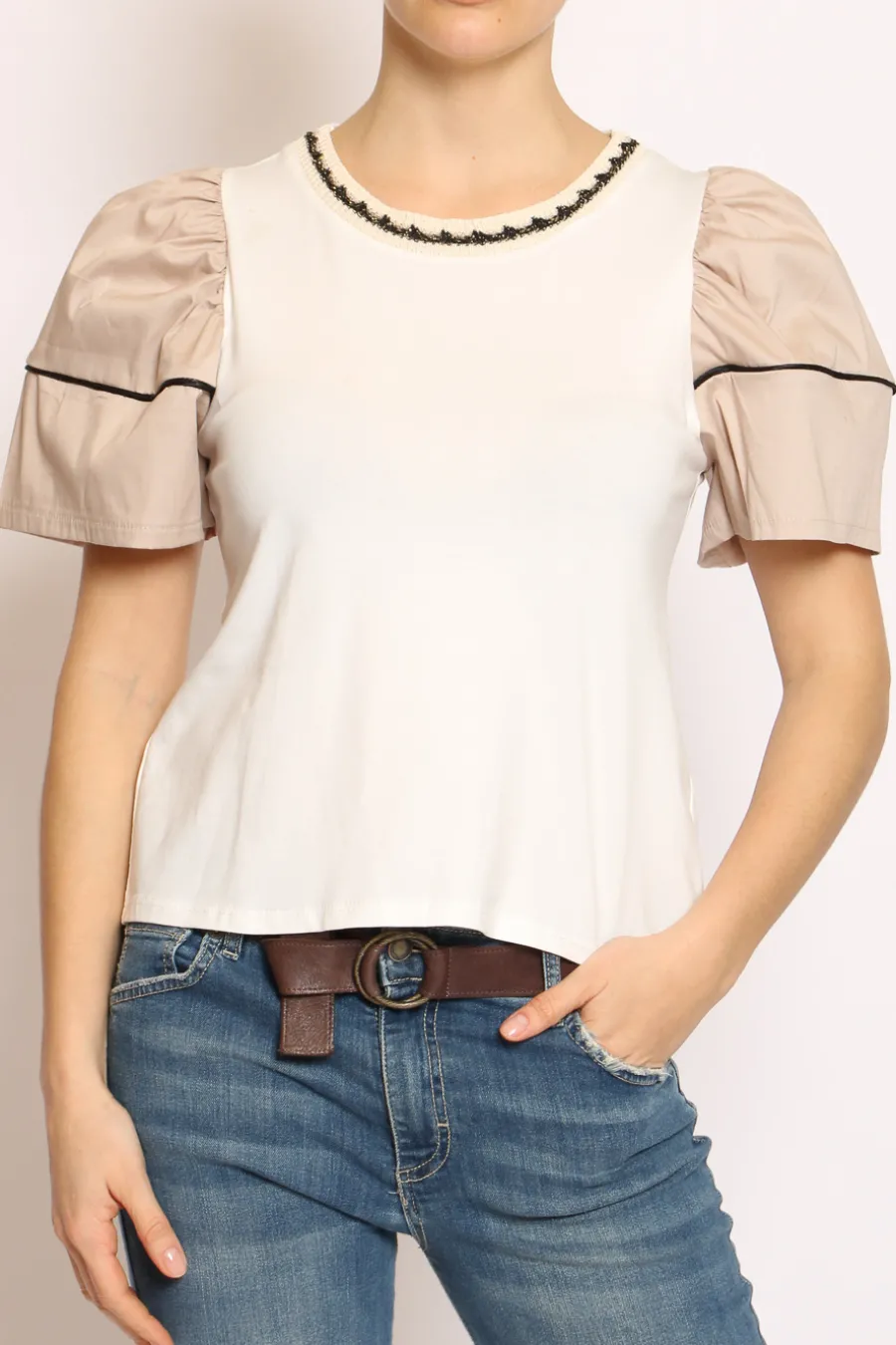Have one T-shirt manica palloncino righina bianco/beige- T-Shirts E Top