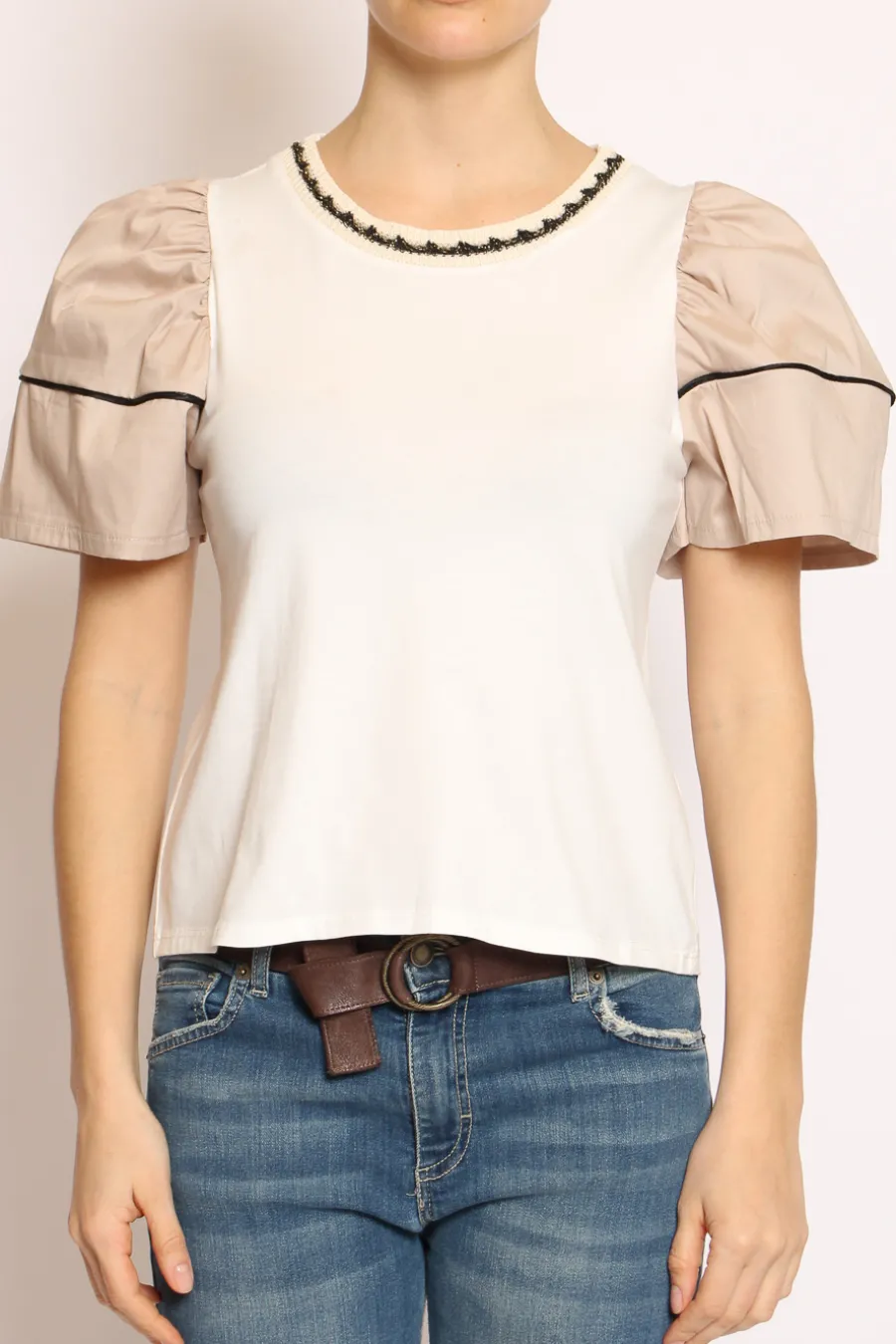 Have one T-shirt manica palloncino righina bianco/beige- T-Shirts E Top