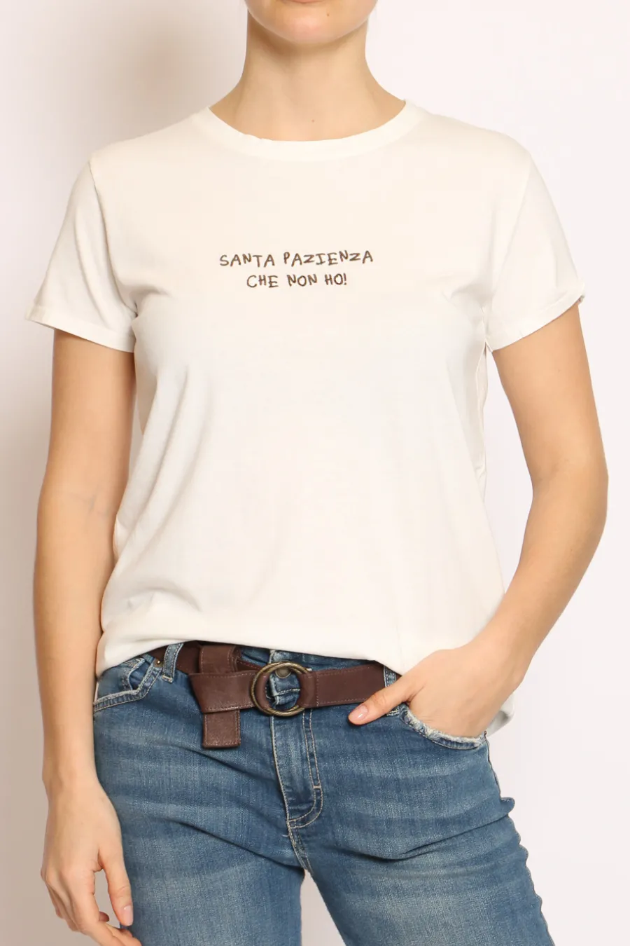 Vicolo T-shirt ricamo PAZIENZA bianco/moro- T-Shirts E Top