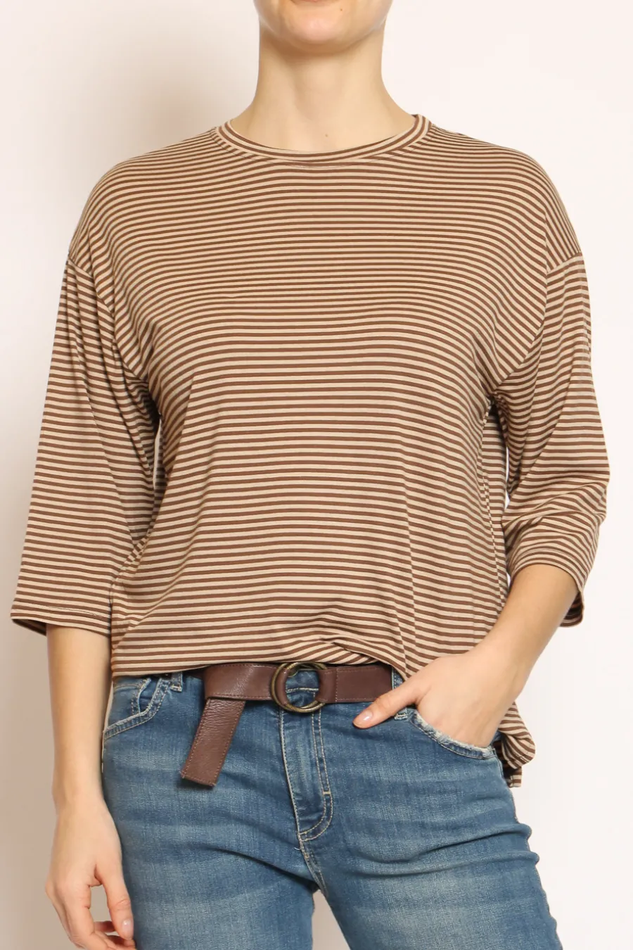 Zeroassoluto T-shirt righe a scatola in jersey manica 3/4 moro/beige- T-Shirts E Top