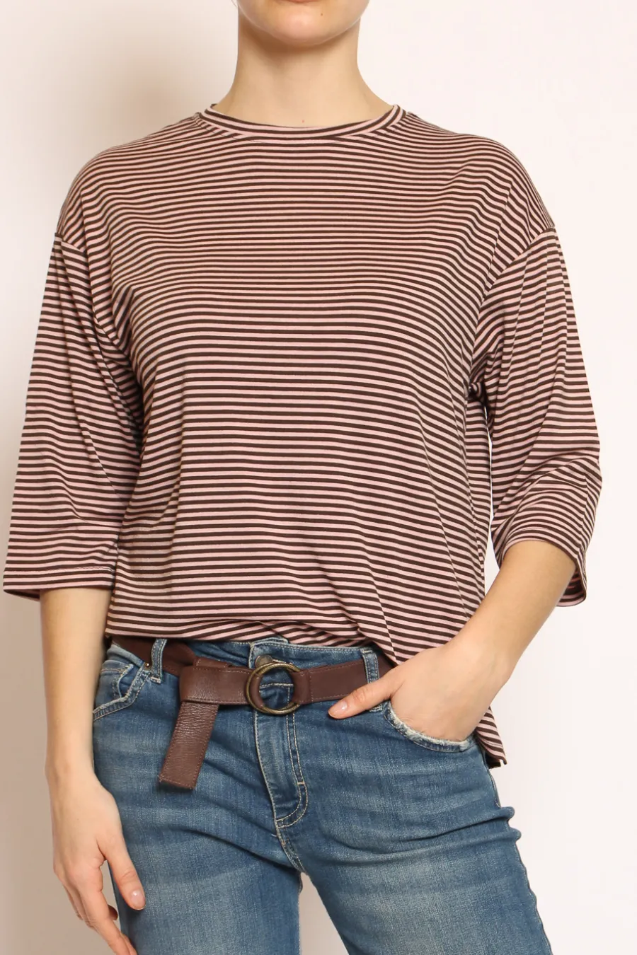Zeroassoluto T-shirt righe a scatola in jersey manica 3/4 moro/rosa- T-Shirts E Top