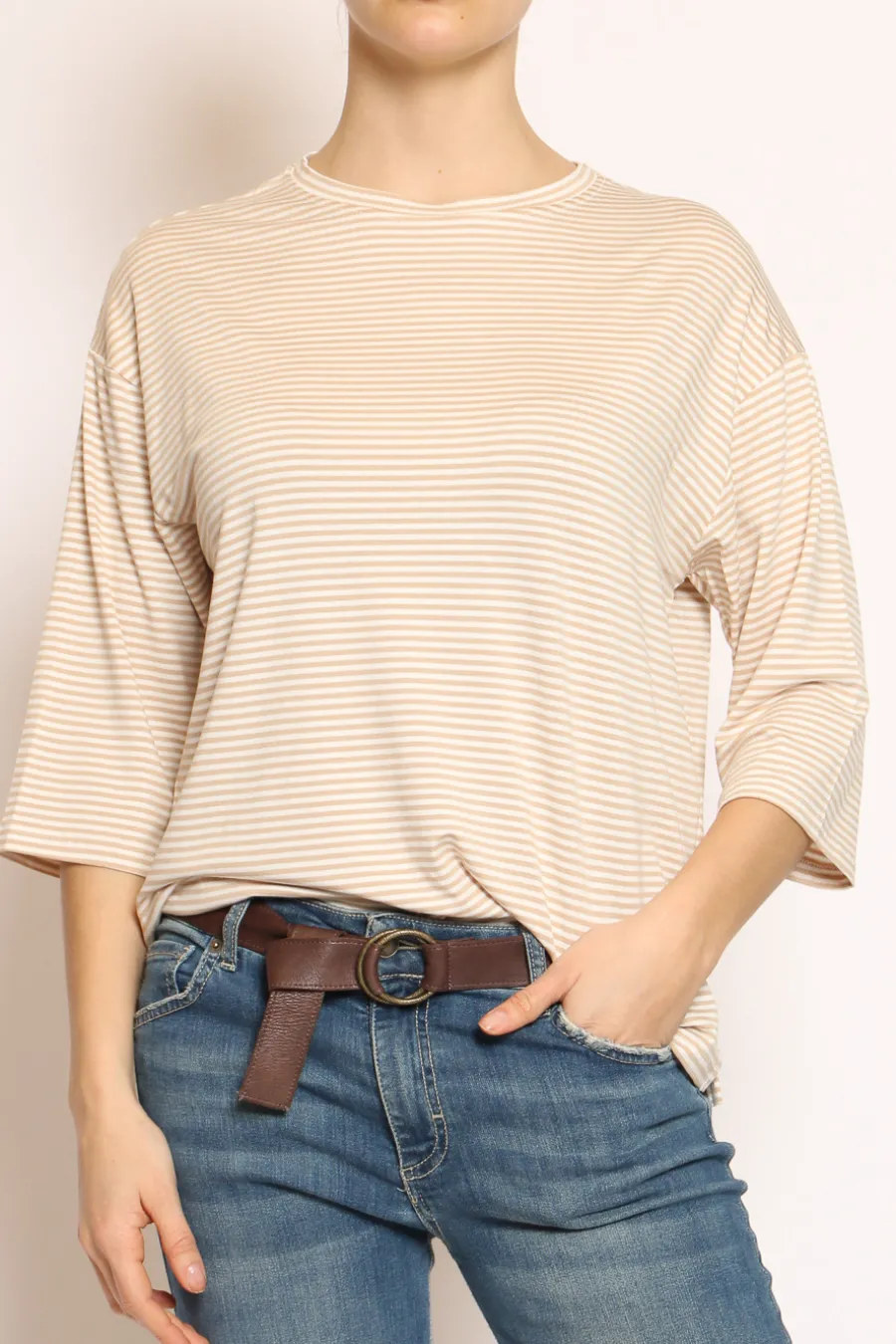 Zeroassoluto T-shirt righe a scatola in jersey manica 3/4 beige/bianco- T-Shirts E Top