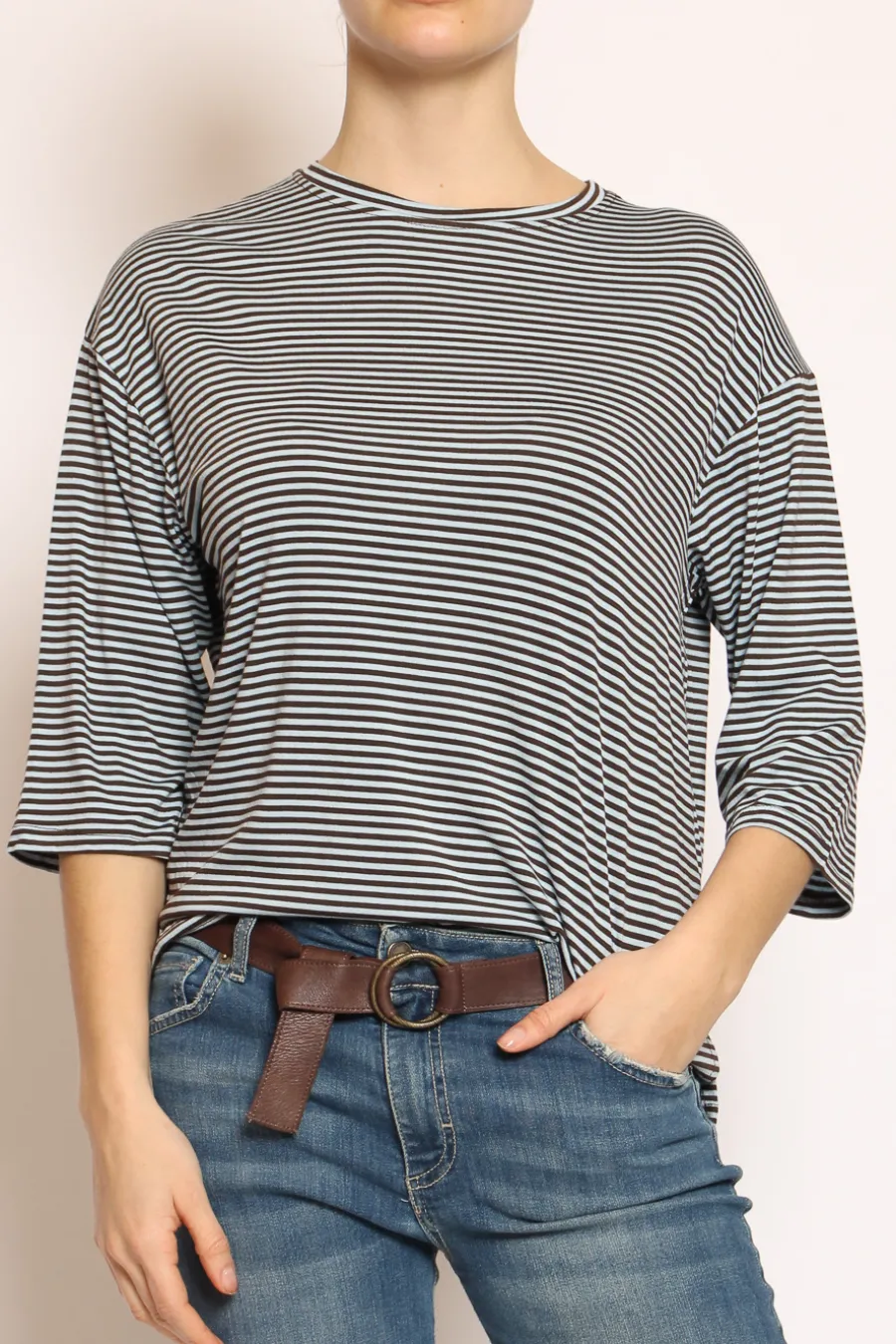 Zeroassoluto T-shirt righe a scatola in jersey manica 3/4 moro/celeste- T-Shirts E Top
