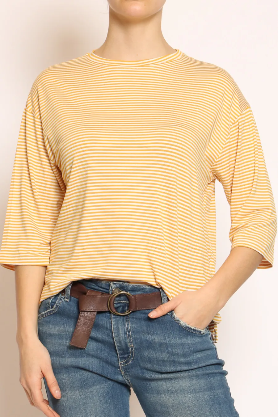 Zeroassoluto T-shirt righe a scatola in jersey manica 3/4 senape/bianco- T-Shirts E Top