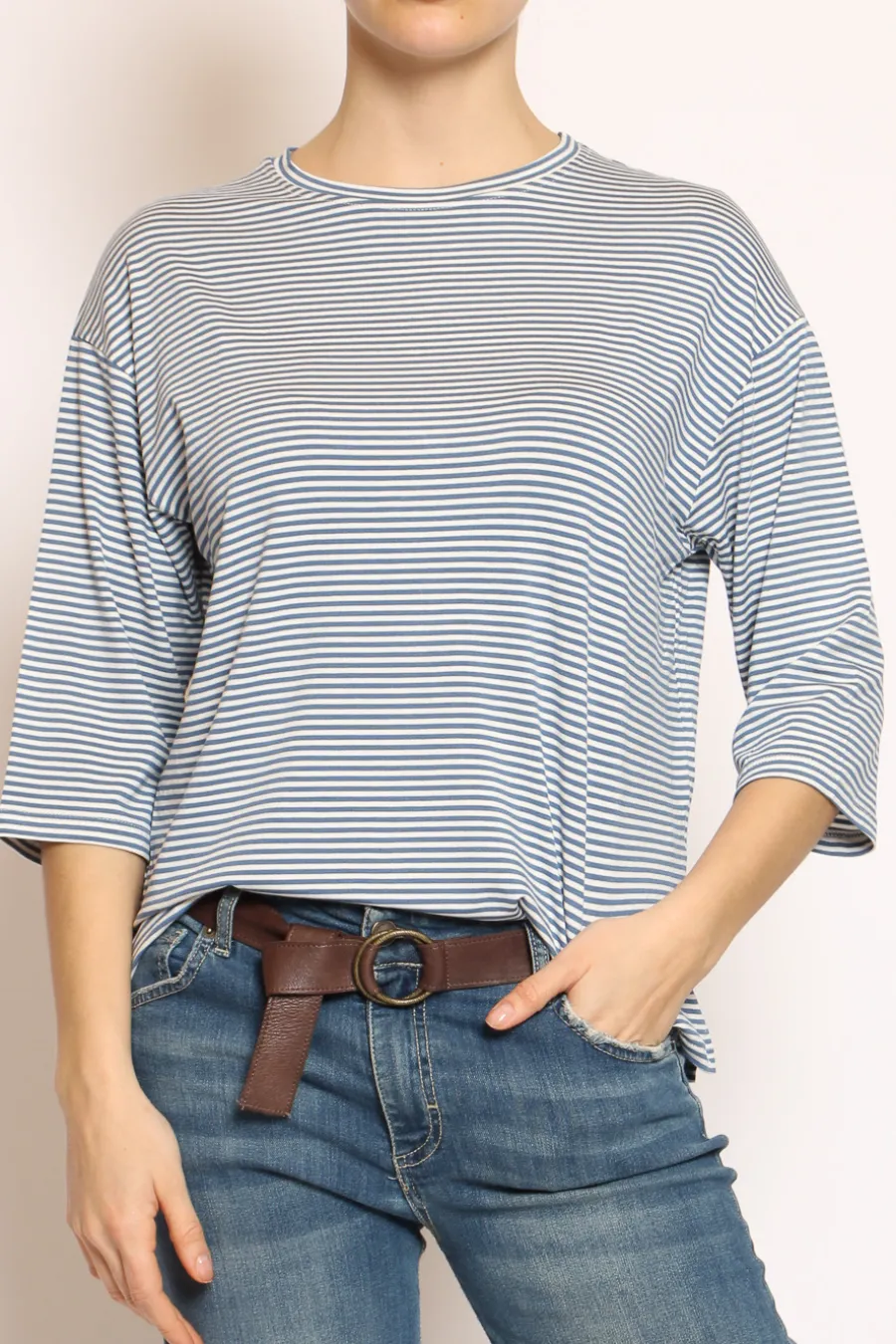 Zeroassoluto T-shirt righe a scatola in jersey manica 3/4 jeans/bianco- T-Shirts E Top