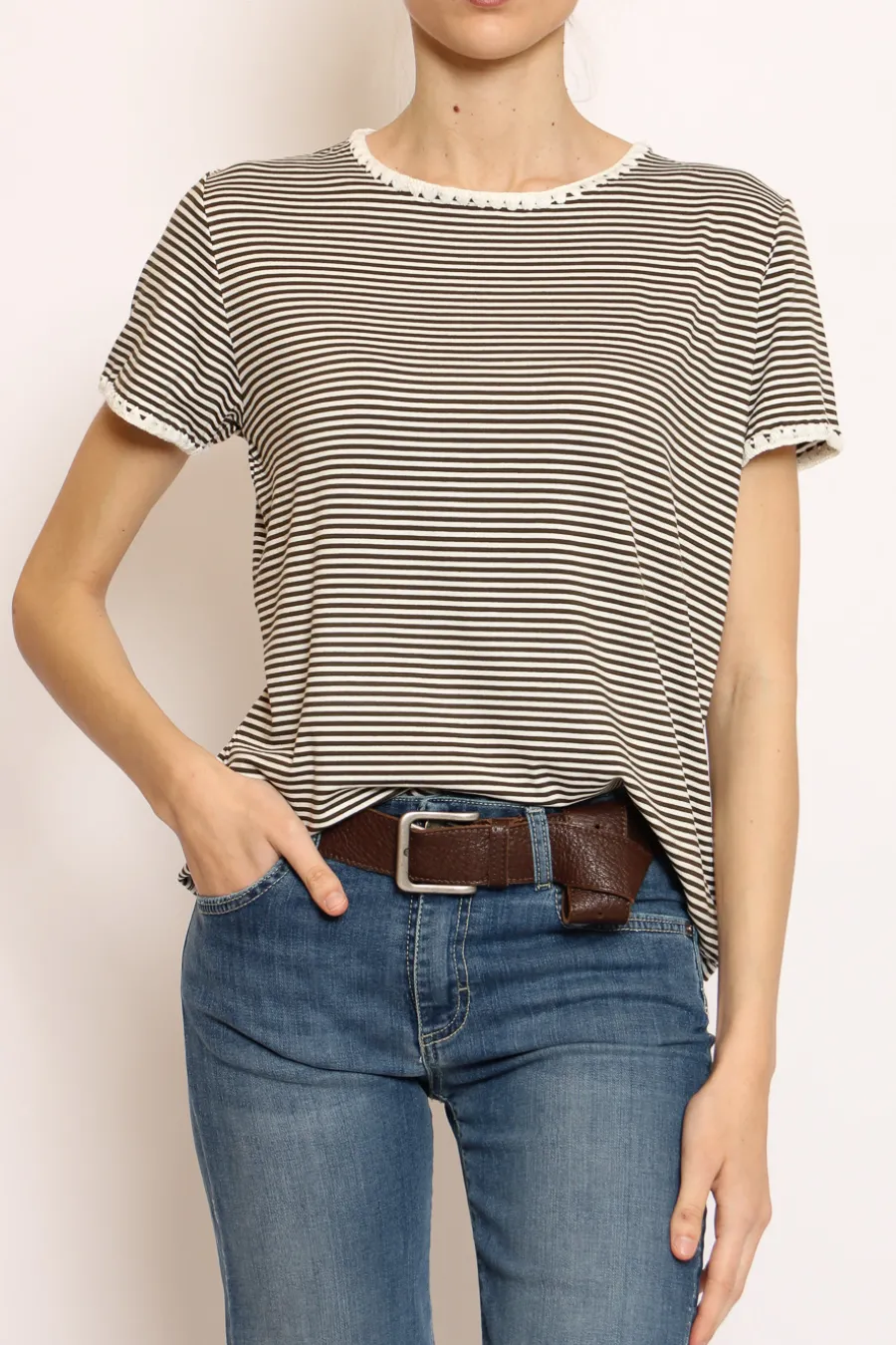 Zeroassoluto T-shirt righe fine con macramu00e8 bianco/militare- T-Shirts E Top