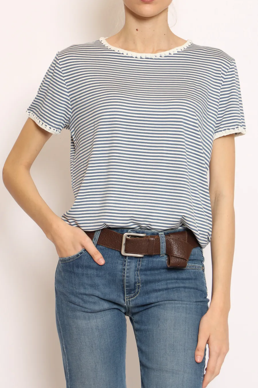 Zeroassoluto T-shirt righe fine con macramu00e8 bianco/jeans- T-Shirts E Top
