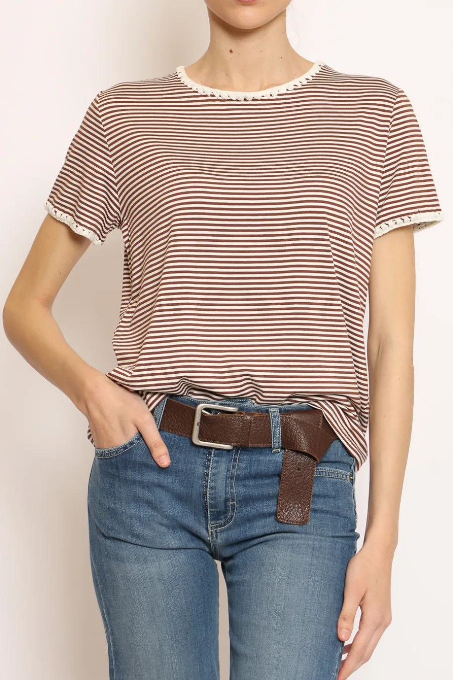 Zeroassoluto T-shirt righe fine con macramu00e8 bianco/tabacco- T-Shirts E Top