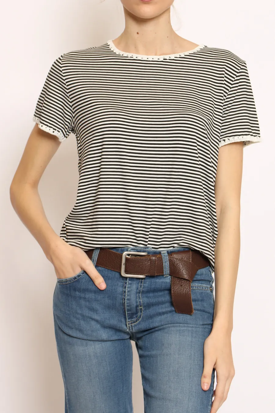 Zeroassoluto T-shirt righe fine con macramu00e8 bianco/nero- T-Shirts E Top