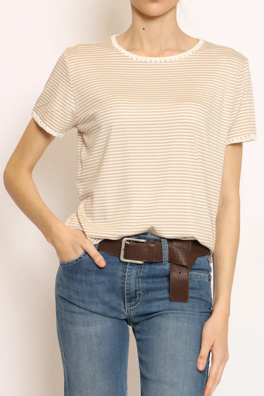 Zeroassoluto T-shirt righe fine con macramu00e8 bianco/beige- T-Shirts E Top