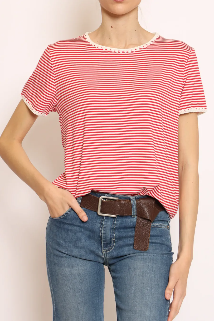 Zeroassoluto T-shirt righe fine con macramu00e8 bianco/rosso- T-Shirts E Top