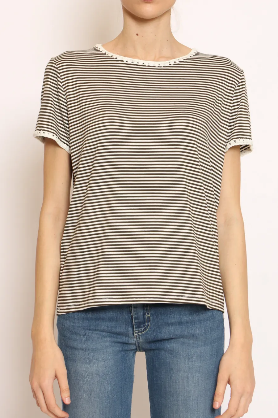 Zeroassoluto T-shirt righe fine con macramu00e8 bianco/militare- T-Shirts E Top