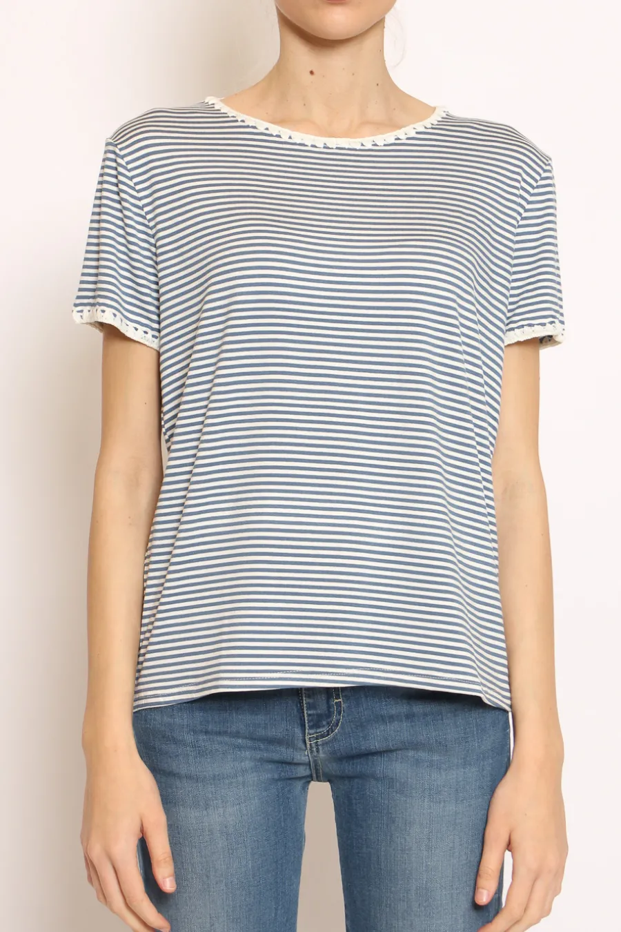 Zeroassoluto T-shirt righe fine con macramu00e8 bianco/jeans- T-Shirts E Top