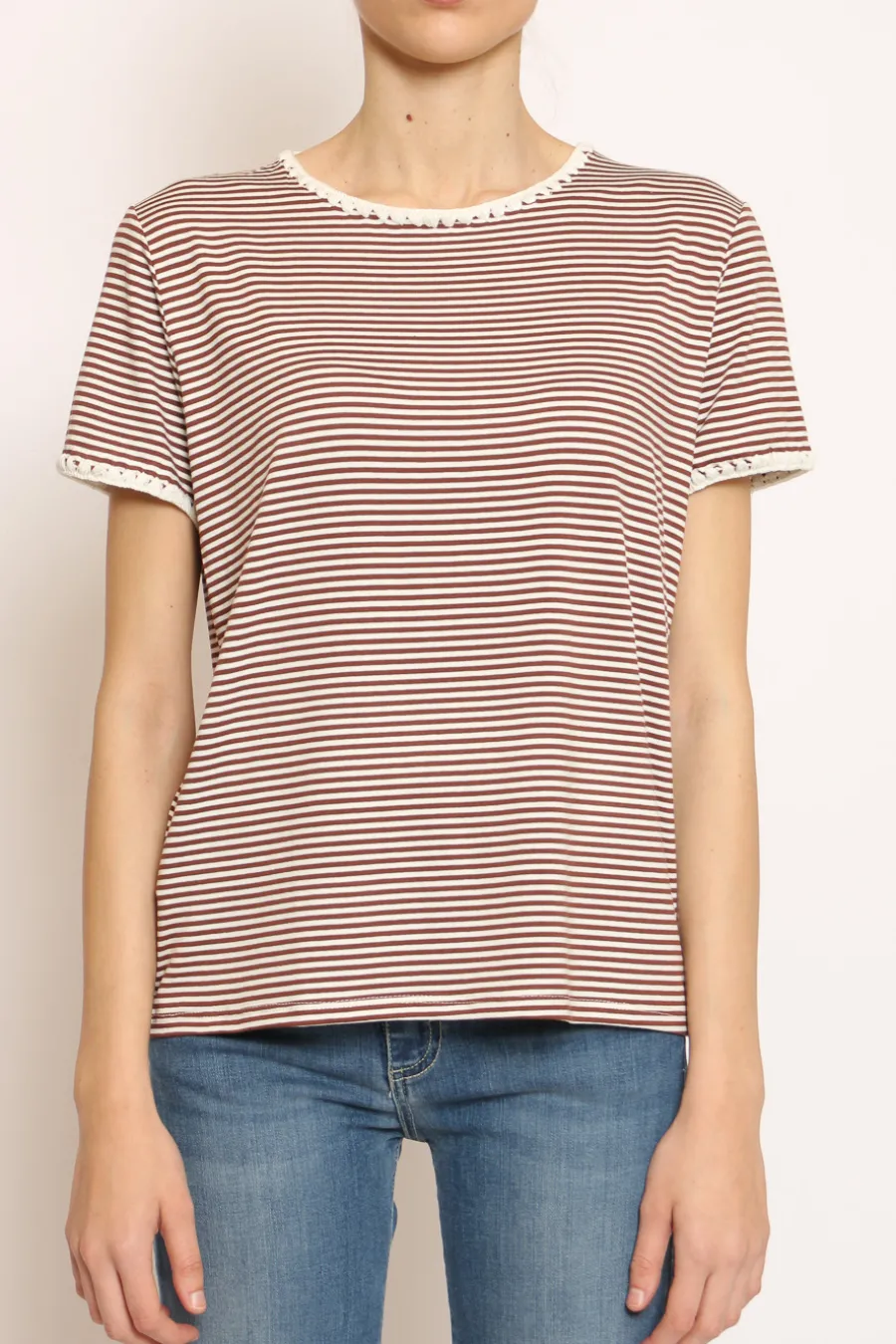 Zeroassoluto T-shirt righe fine con macramu00e8 bianco/tabacco- T-Shirts E Top