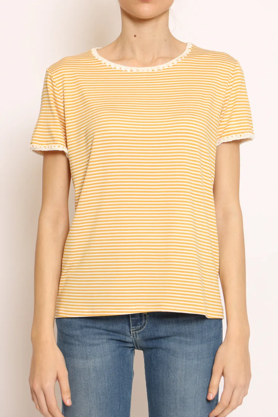 Zeroassoluto T-shirt righe fine con macramu00e8 bianco/senape- T-Shirts E Top