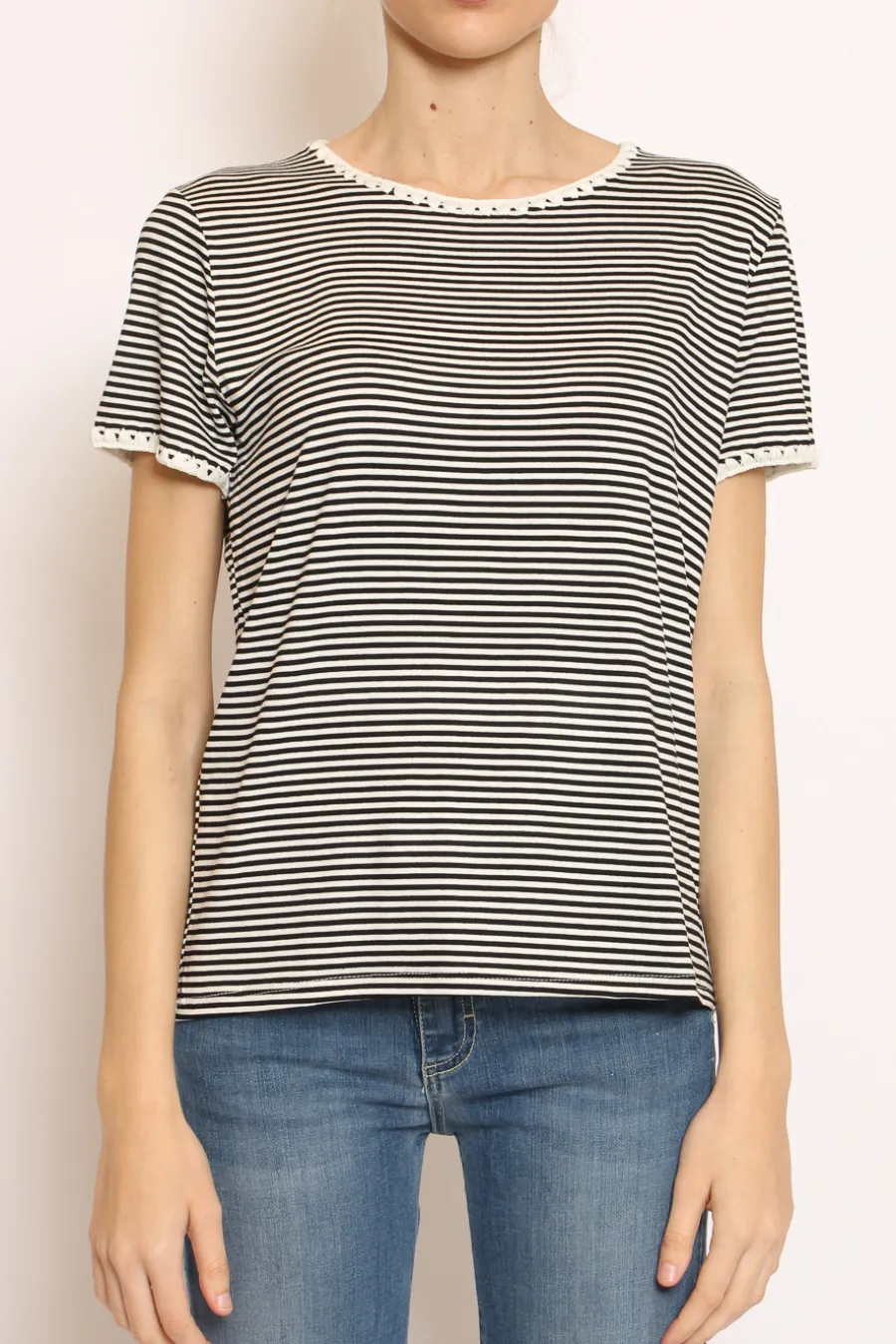 Zeroassoluto T-shirt righe fine con macramu00e8 bianco/nero- T-Shirts E Top
