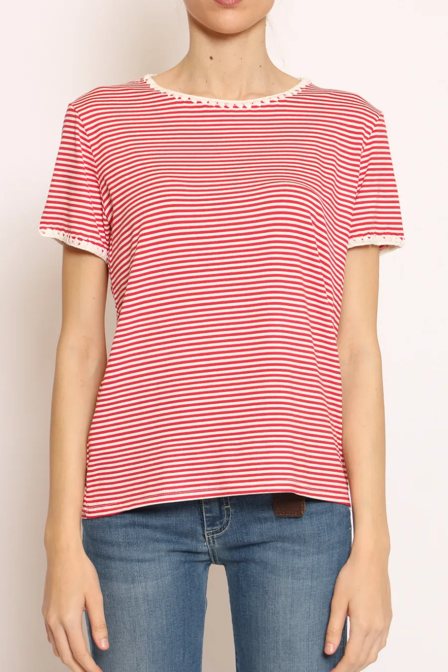 Zeroassoluto T-shirt righe fine con macramu00e8 bianco/rosso- T-Shirts E Top