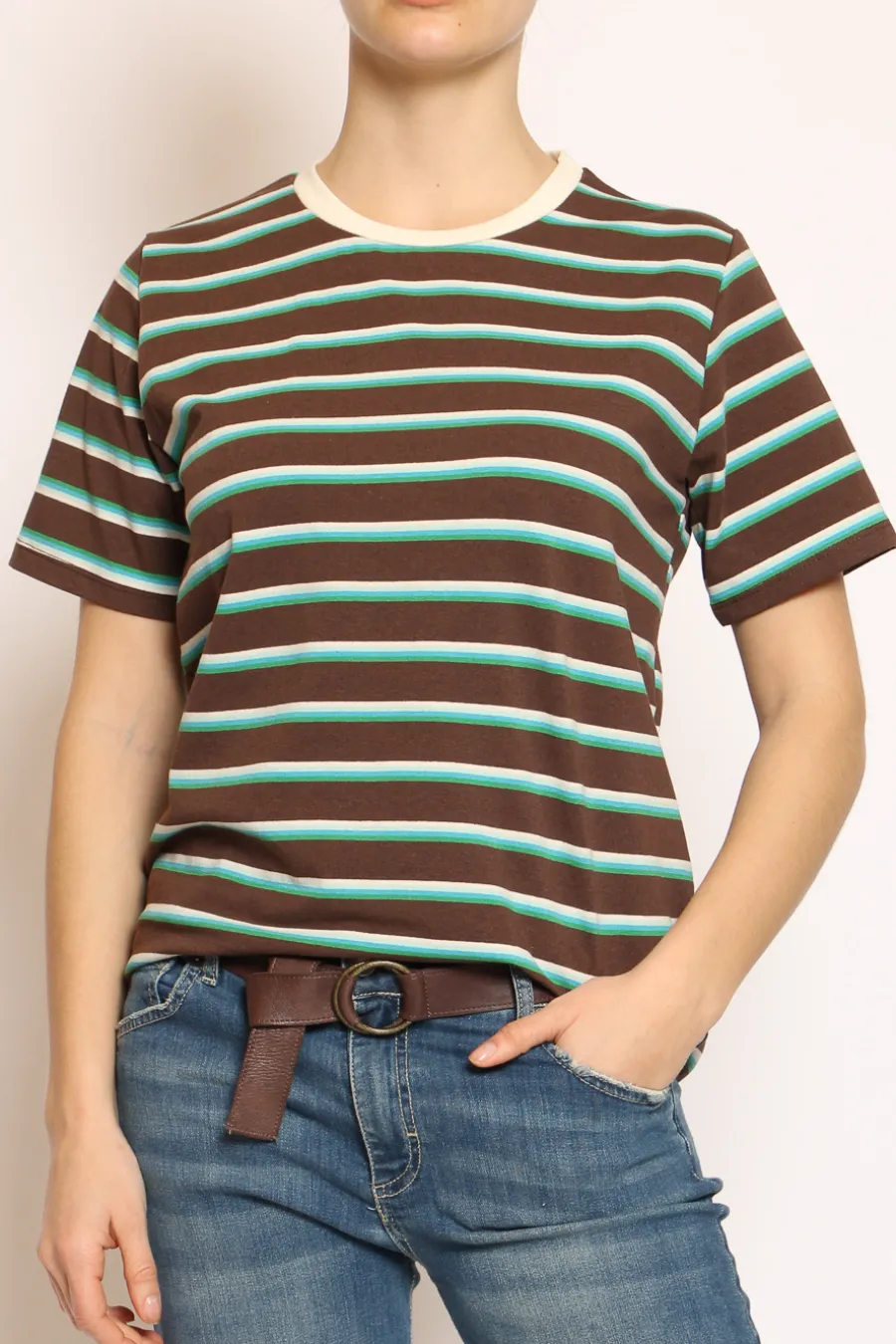 Zeroassoluto T-shirt righe girocollo moka/azzurro/verde- T-Shirts E Top