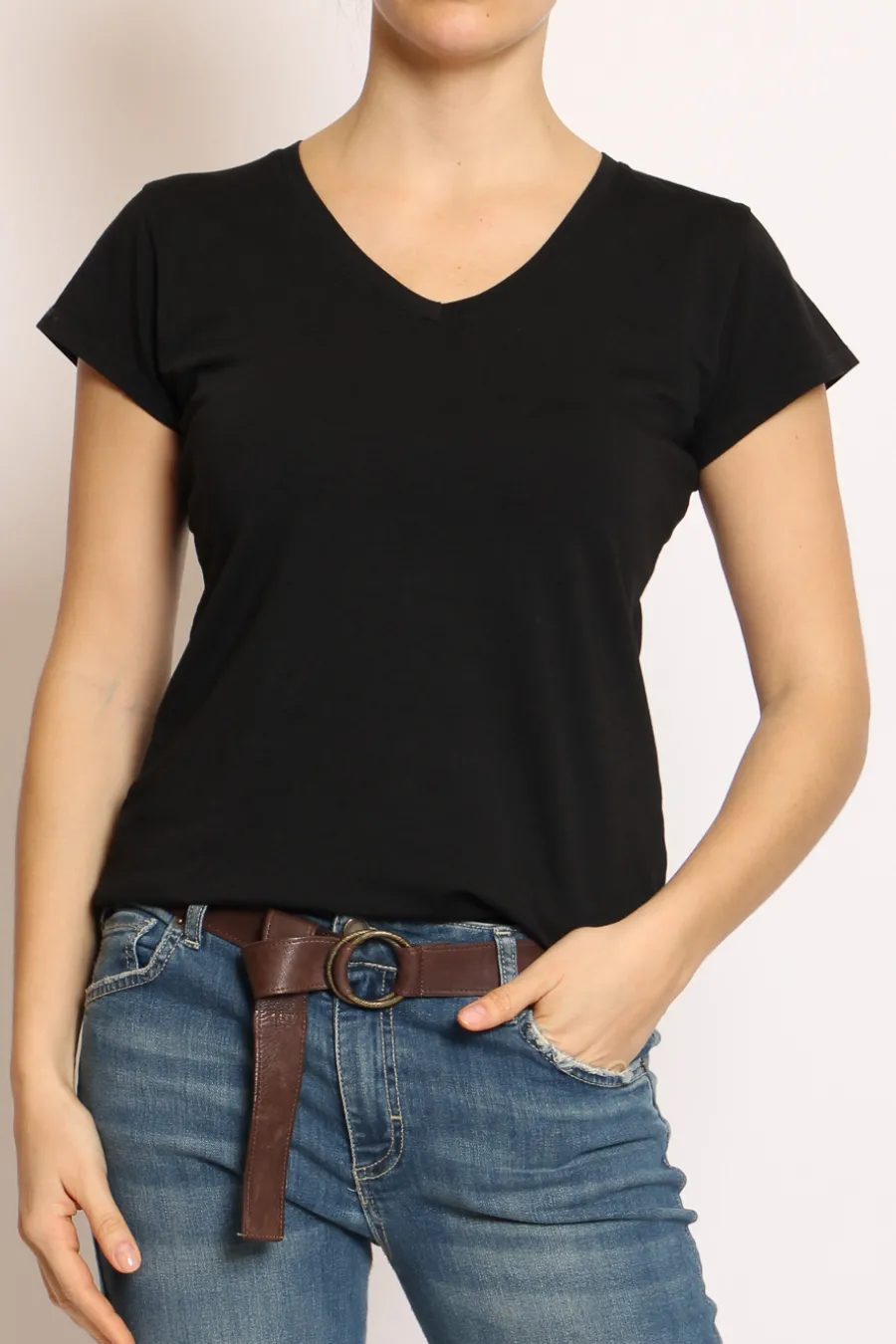 T-shirt scollo V elasticizzata mezza manica- T-Shirts E Top