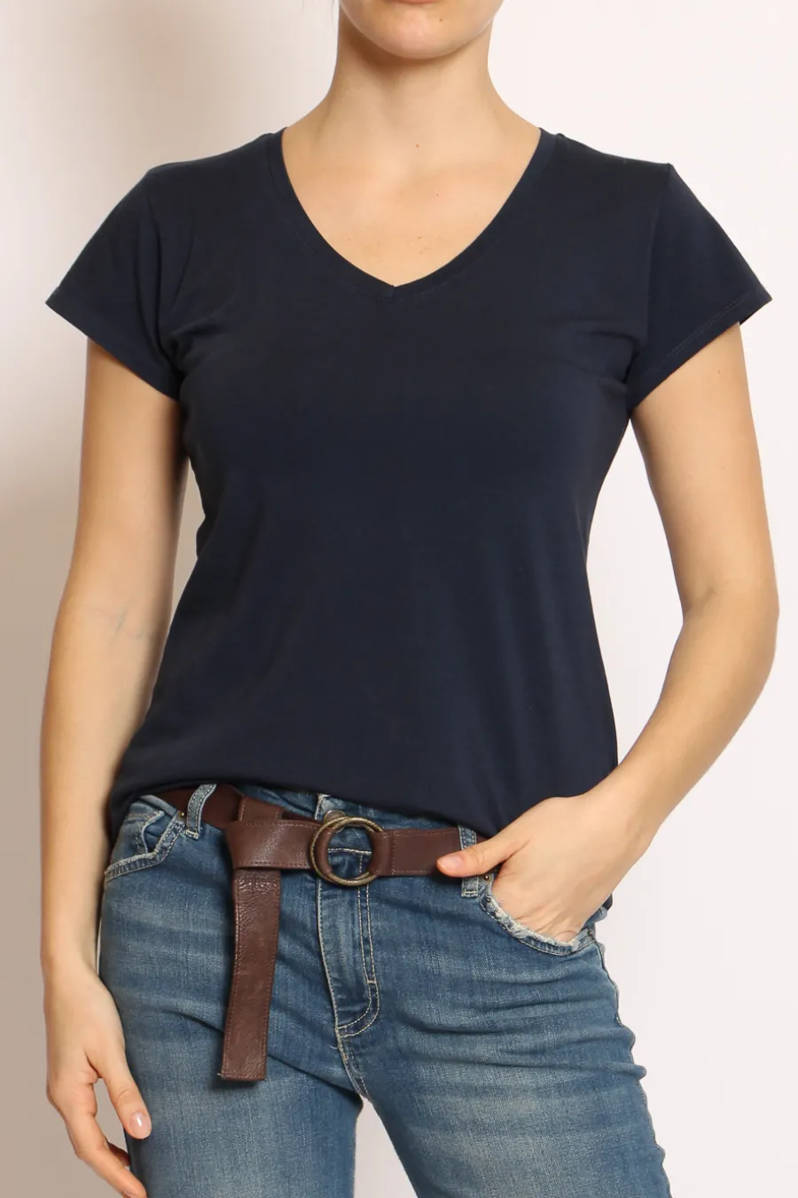 T-shirt scollo V elasticizzata mezza manica- T-Shirts E Top