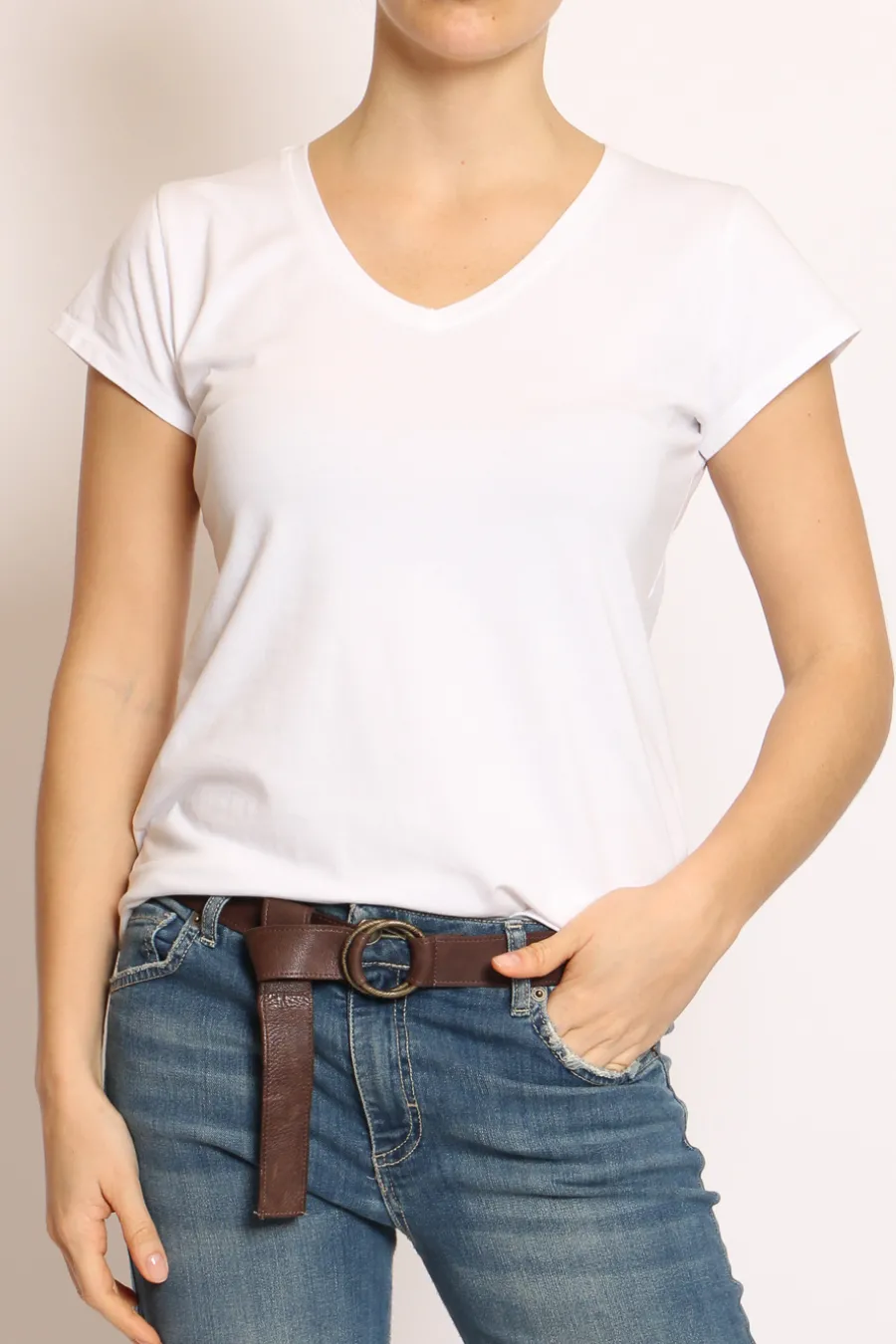 T-shirt scollo V elasticizzata mezza manica- T-Shirts E Top