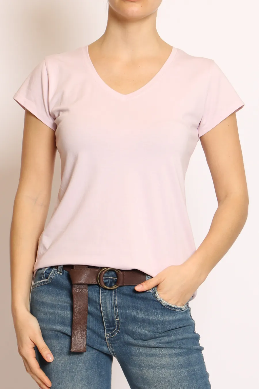 T-shirt scollo V elasticizzata mezza manica- T-Shirts E Top
