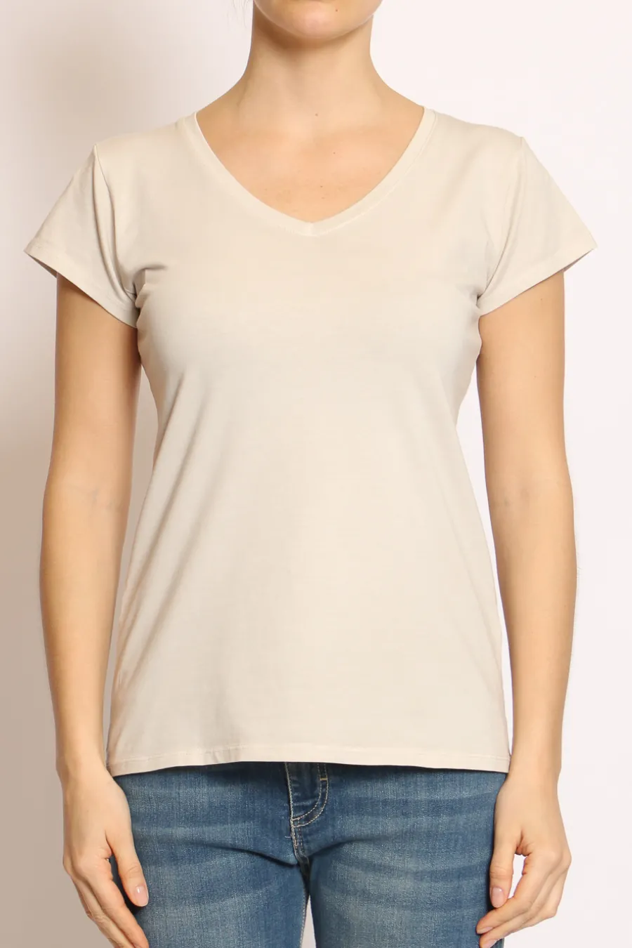 T-shirt scollo V elasticizzata mezza manica- T-Shirts E Top