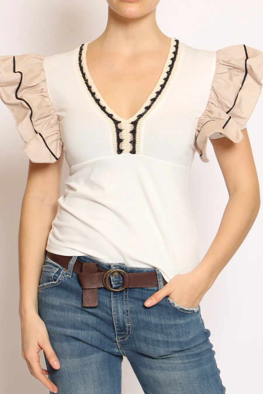 Have one T-shirt scollo V manica volant righina bianco/beige- T-Shirts E Top