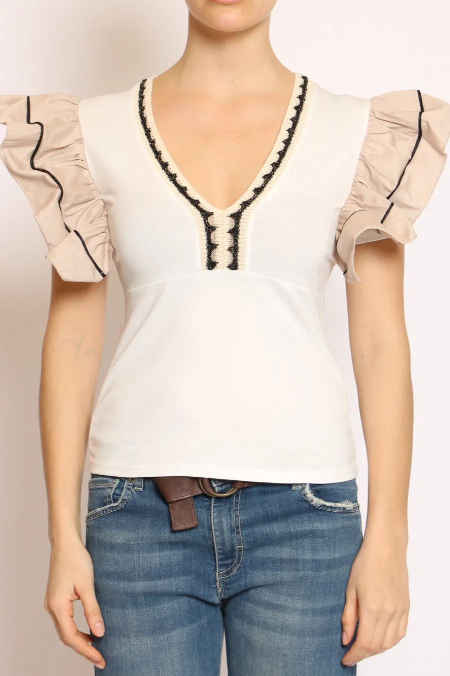 Have one T-shirt scollo V manica volant righina bianco/beige- T-Shirts E Top